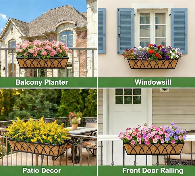 24 Inch Window Deck with Coco Liner, 24" Window Boxes Horse Trough with Coconut Coir Liner, Fence Metal Hanging Flower Planter Window Basket Deck Railing Planter Boxes for Outdoor Garden Lawn, 2pcs
