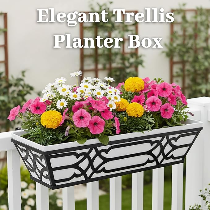 2 Pack 24 Inch Railing Boxes Planter for Outdoor Plants Adjustable Brackets for Porch Fence and Balcony Window Planter Box with Non-Woven Fabric Liner for Hanging Flower Baskets (2, Black)