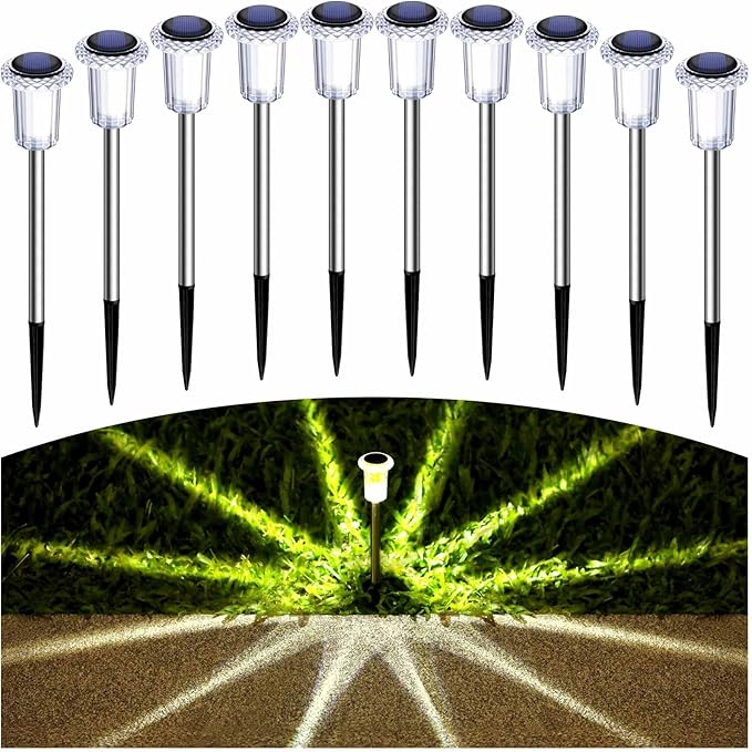 Solar Lights Outdoor 10 Pack Solar Pathway Lights Outdoor LED Waterproof Stainless Steel Driveway Lighting for Outdise, Yard, Walkway, Sidewalk, Garden, Lawn (Warm White)