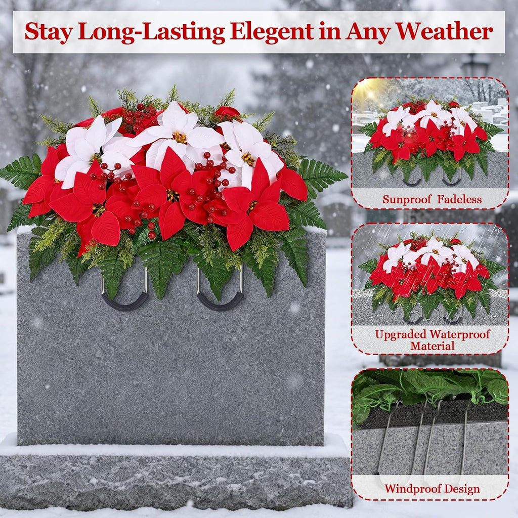 3 sets christmas cemetery flowers for grave, poinsettia showing dimensions
