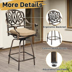 VINGLI 3 Piece Outdoor Bar Set, Cast Aluminum Outdoor Swivel Bar Stools and Table w/Umberlla Hole, All-Weather Outdoor Bar Table and Chairs Set w/Cushions for Patio Balcony(Elizabethan Back)
