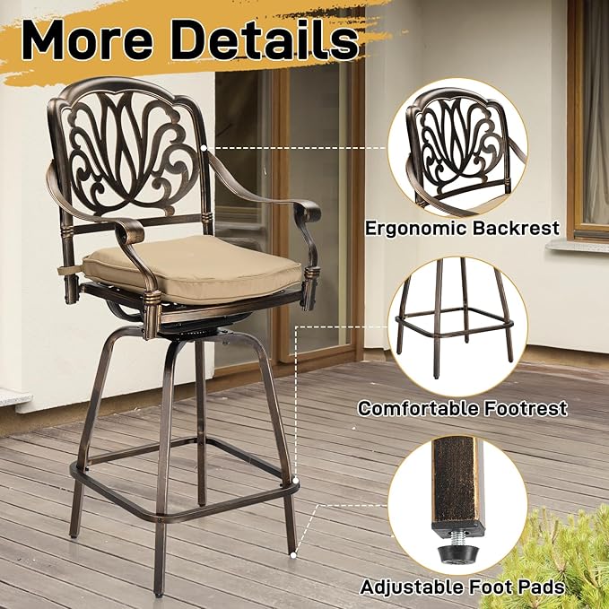 VINGLI 3 Piece Outdoor Bar Set, Cast Aluminum Outdoor Swivel Bar Stools and Table w/Umberlla Hole, All-Weather Outdoor Bar Table and Chairs Set w/Cushions for Patio Balcony(Elizabethan Back)