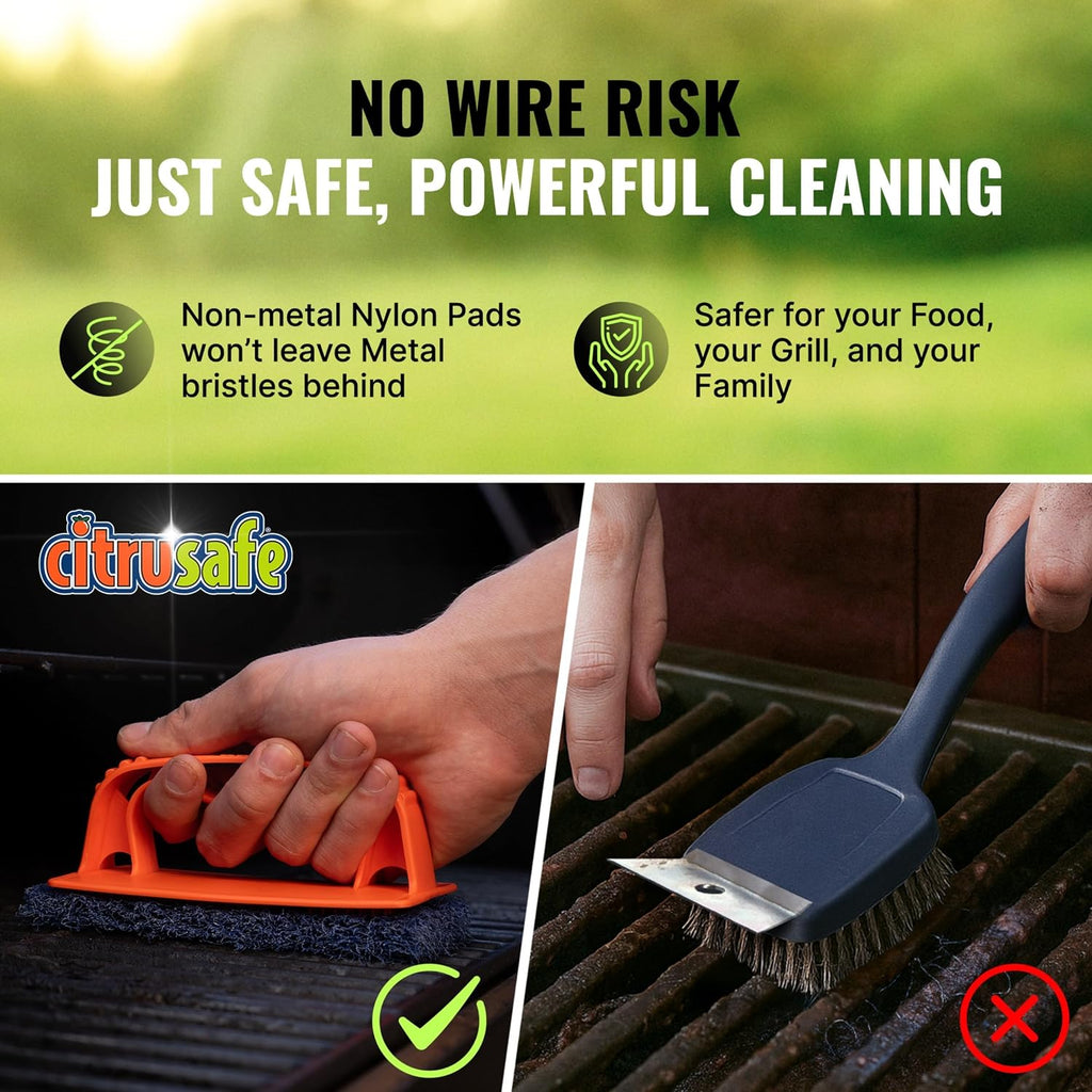 Citrusafe Grill Scrubber and Refill Kit - Heavy Duty Plastic Handle with 3 Pack of Scrubber Pads plus 6 Pack Refill