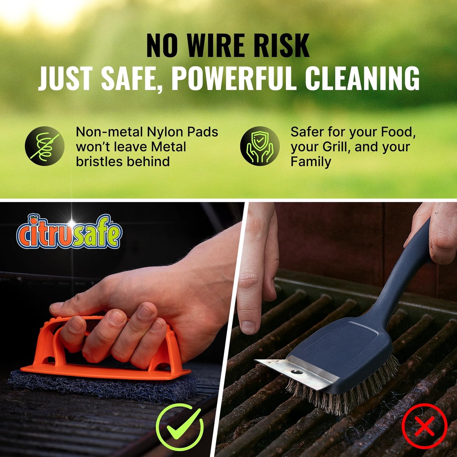 Citrusafe Grill Scrubber and Refill Kit - Heavy Duty Plastic Handle with 3 Pack of Scrubber Pads plus 6 Pack Refill