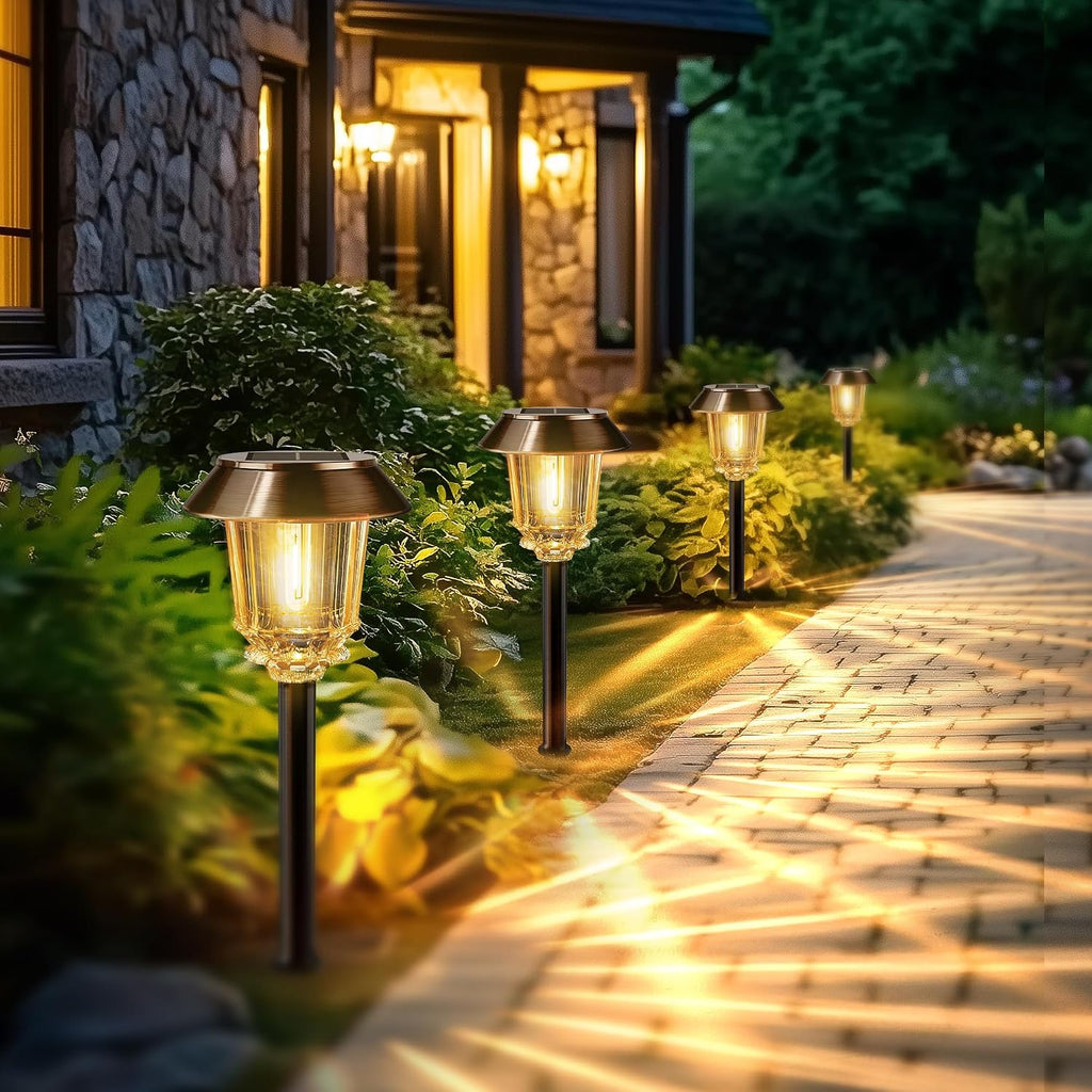 Solar Lights Outdoor Waterproof,10-40 LM Dimmable Glass and Metal | 4 Pack Bronze Pathway Lights, Solar Powered Garden Decor for Yard, Patio, Pathway, Driveway (Warm White)