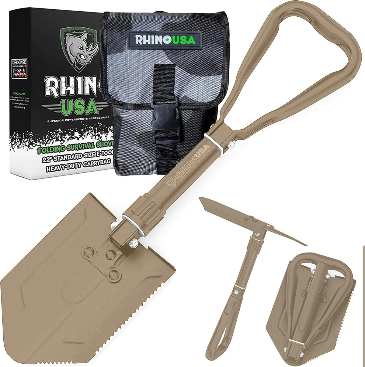 rhino usa folding survival shovel with pick, main product view