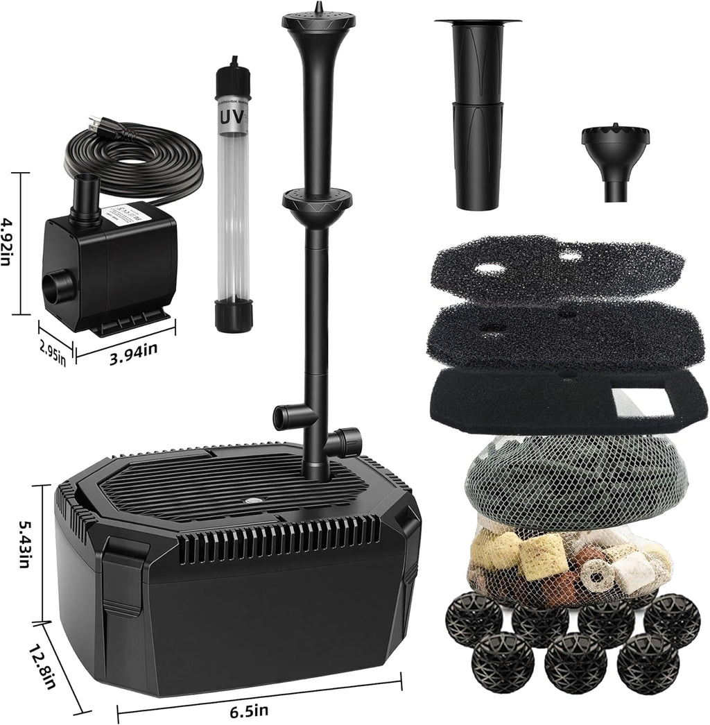 Submersible Pond Filter with Powerful 18W UV Light for Pond Algae Control | 660 GPH 42W High-Performance Pump Build in for 1500 Gal Pond, 3 Spray Patterns Pond Fountain Decoration for Your Pond