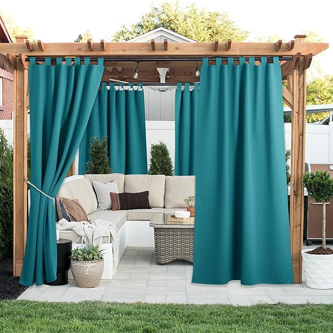 NICETOWN 2 Panels Peacock Teal Patio Curtainss Outdoor Waterproof with Self-Adhesive Tab Top, Thermal Insulated Heat & Cold Blocking Outdoor Curtainss for Easy Hanging & Sliding, W52 x L95