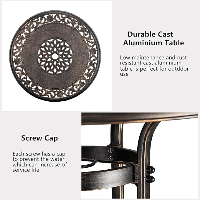 VINGLI 3 Piece Outdoor Bar Set, Cast Aluminum Outdoor Swivel Bar Stools and Table w/Umberlla Hole, All-Weather Outdoor Bar Table and Chairs Set w/Cushions for Patio Balcony(Elizabethan Back)