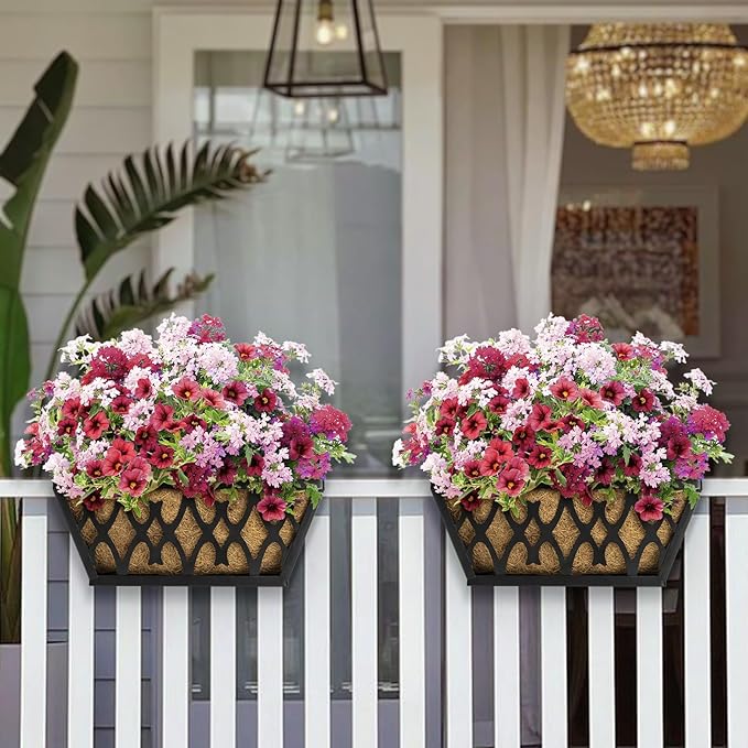 2 Pack 14 Inch Window Boxes Planters Railing Planter Box with Coco Liners Deck Railing Planter Boxes Balcony Hanging Flower Box for Outdoor Plants Garden Decor