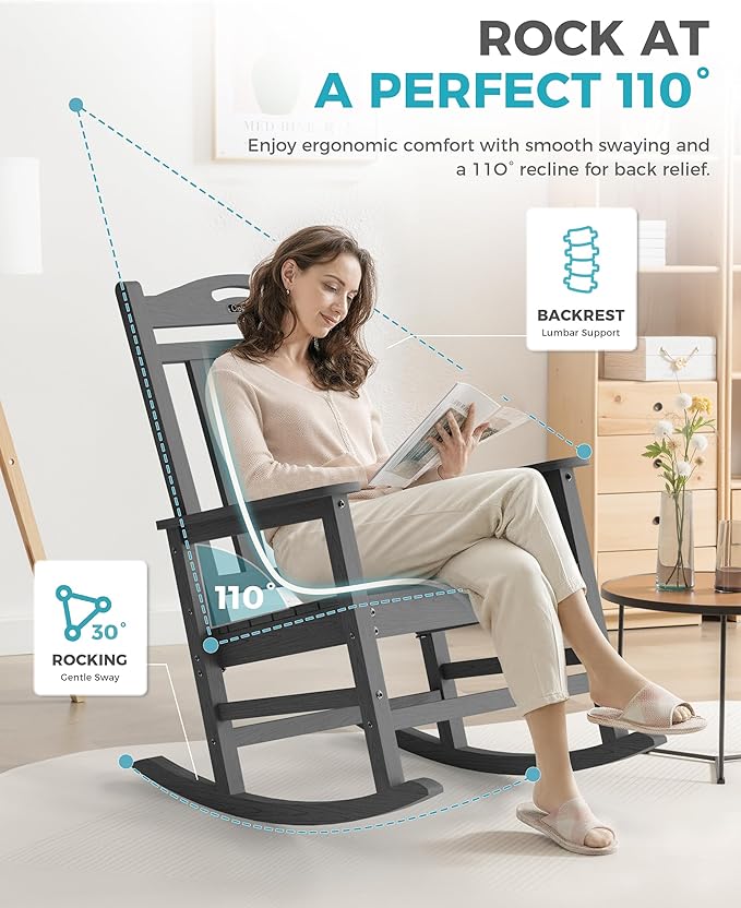 Ciokea Oversized Outdoor Rocking Chair, 380lbs Heavy-Duty Large Patio Rocker, Weather Resistant & Anti-Fade Porch Chair, High Back Cozy Rocking Chair for Outside, Fire Pit, Deck, Garden, Dark Grey
