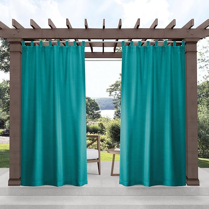 EXCLUSIVE HOME Cabana Solid Indoor/Outdoor Light Filtering Hook-and-Loop Tab Top Curtain Panel Pair, 54"x84", Teal