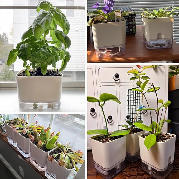 Planterhoma Self Watering Plant Pots for Indoor Plants 7/10 inch, 4 Packs Square Self-Watering Planters with Drainage Hole, White African Violet Pots for Devil's Ivy, Spider Plant, Orchid