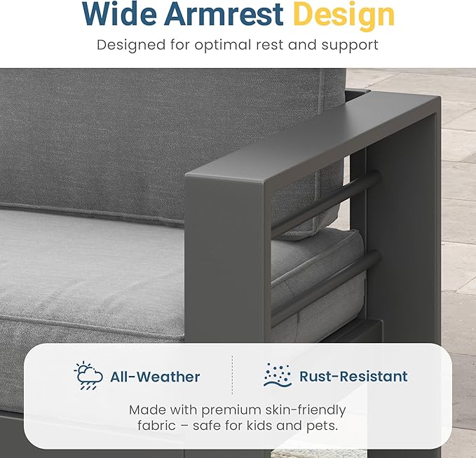 Solaste Aluminum Outdoor Patio Furniture Set, 4 Seats Patio Sectional Sofa with 5" Thick Cushion, Outdoor Patio Set with Coffee Table for Porch, Backyard, Deck, Yard, Grey