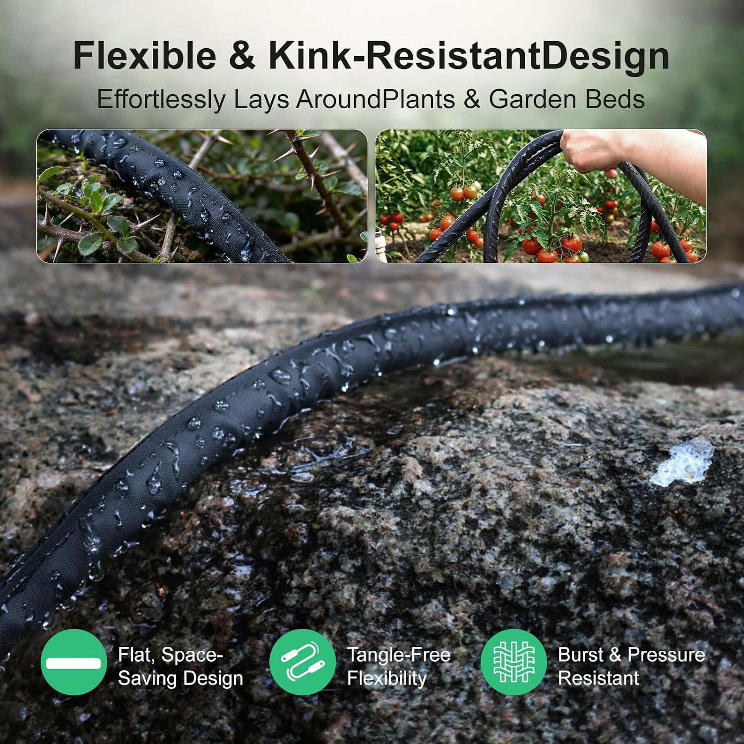 Flat Soaker Hose 25 ft 4-Pack with Splitter, 80% Water-Saving Drip Irrigation Hose 100 ft, Linkable DIY Garden Soaker Hose System for Garden Beds, Lawn, Vegetables & Trees (25ft 4-pack)