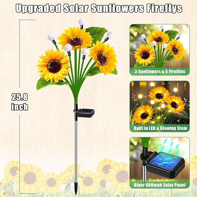 Sunflower Solar Lights Outdoor Garden Decor,Upgraded 4 Pack Solar Sunflowers with Firefly Lights Waterproof,Gifts for Mom Women Grandma,Garden Decor for Outside Yard Patio Pathway Lawn