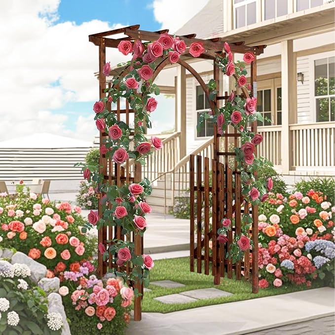 VINGLI 85in Wooden Arbor, Wedding Arch for Ceremony, Wood Trellis for Plant Climbing, Christmas Decor Pergola for Garden Backyard, Lawn (Carbonized Wood)