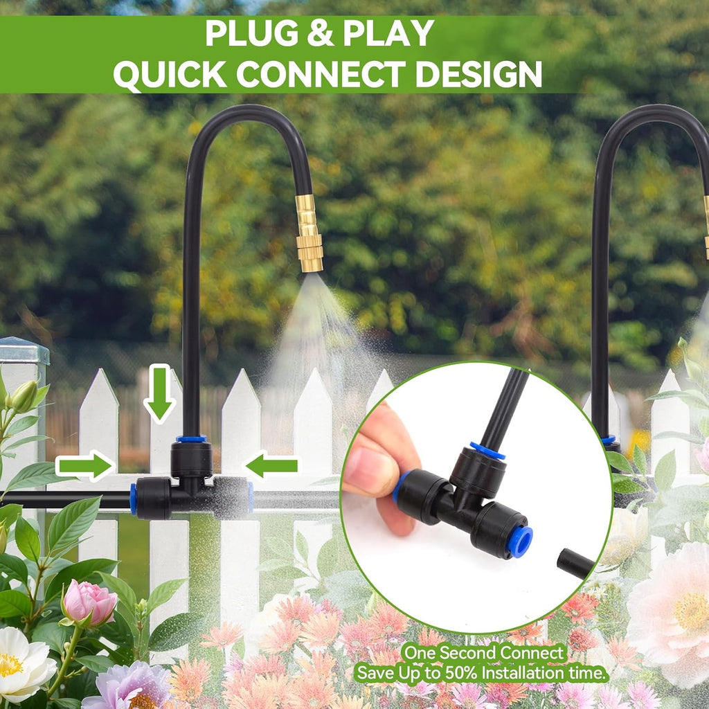 Drip Irrigation System Kit with 16 Pcs Adjustable Brass Nozzles & Bendable Spay Arm,120ft Garden Watering Misting System for Outdoor Raised Bed, Potted Plant, Yard, Greenhouse