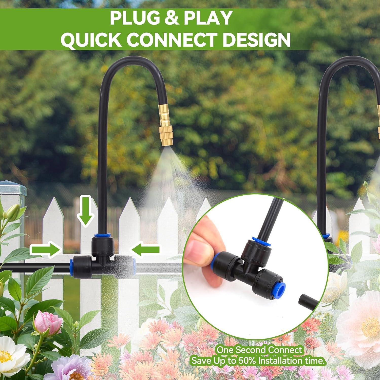 Drip Irrigation System Kit with 16 Pcs Adjustable Brass Nozzles & Bendable Spay Arm,120ft Garden Watering Misting System for Outdoor Raised Bed, Potted Plant, Yard, Greenhouse
