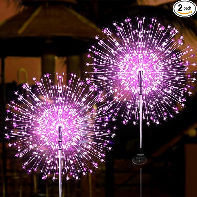 JJGoo Solar Firework Lights, 2 Pack 120 LEDs 2 Lighting Modes Solar Garden Lights Outdoor Waterproof for Yard Patio Walkway Pathway Party Wedding Christmas Decorative - Pink