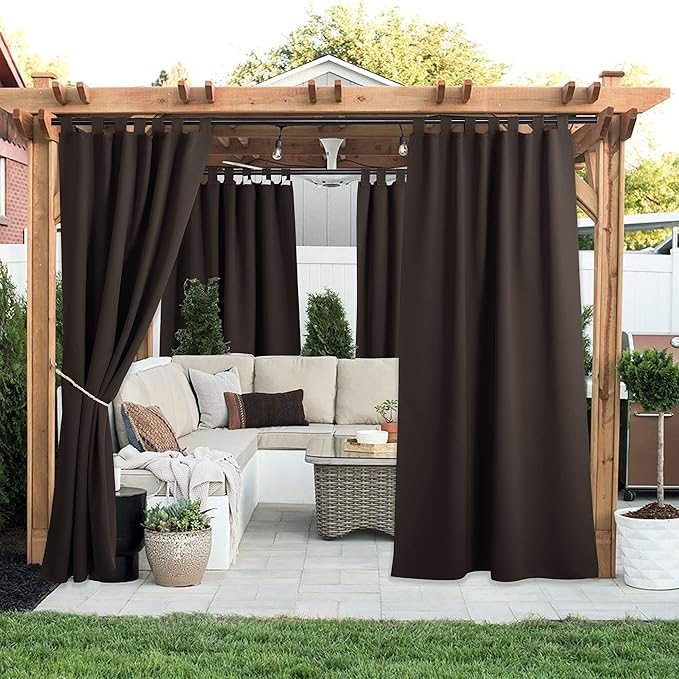 NICETOWN 2 Panels Outdoor Curtainss 95" Long for Patio Waterproof, Sticky Tab Top Thermal Insulated Blackout Drapes Privacy Curtainss for Outdoor Living Dividers, W52 Per Panel, Toffee Brown