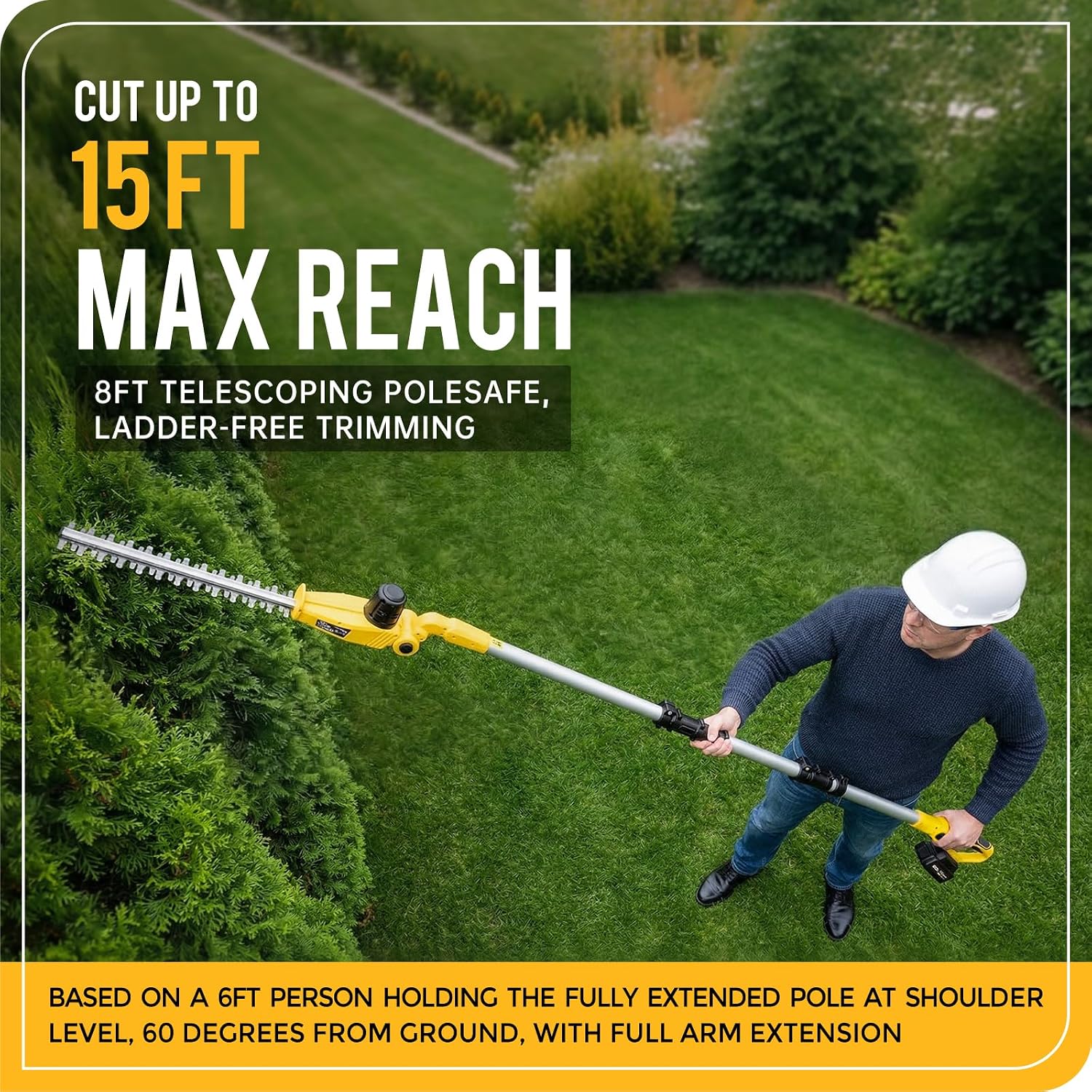 20V Cordless Pole Hedge Trimmer, 15 Ft Reach, 2 x 4.0Ah Batteries | 20V Power with 2x4Ah Batteries, 9" Hedge Blade & Grass Shear, Multi-Angle Head, Up to 2800RPM for Shrubs and Lawn Edges