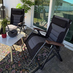 PURPLE LEAF Outdoor Reclining Chair Extra Wide Quilted Cushion, Black Grey | Adjustable pillow, Water-resistant oxford fabric, Reclining backrest, Woodgrain design, Aluminum grips, Light pearl anti-sag
