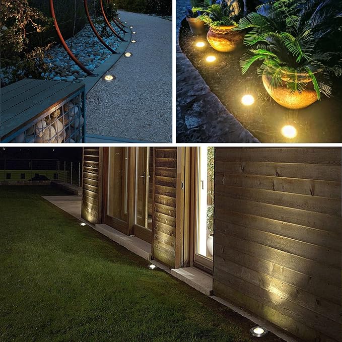 LED Landscape Lights, 12 Pack 7W Ground Lights With 24 Connectors, Low Voltage In-Ground Well Pathway Lighting, Warm White, Waterproof for Driveway, Deck, Step, Garden
