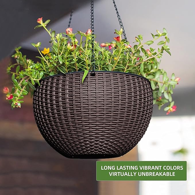 Dexceder 13.5 Inch Large Self Watering Hanging Planters Indoor Outdoor, Thickened Hanging Basket Flower Plant Pot with Water Level Indicator (Brown)