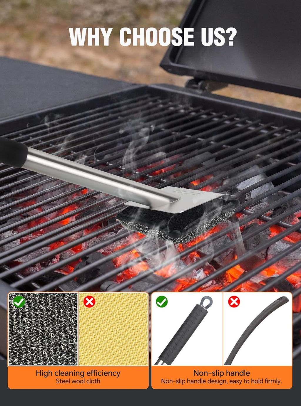 Bristle-Free Steam Grill Brush with 5 Replacement Pads – No Bristle Shedding. Unique Steel Fibers Pads Efficiently Deep Clean All Kinds of Grills. A Safe Outdoor Grill Cleaner. Gift for Men/Dad.