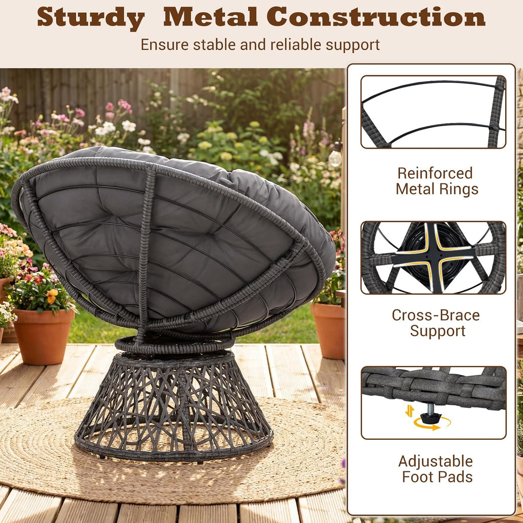 Giantex Wicker Papasan Chair with Soft Thick Cushion and High Capacity Metal Frame, 360° Swivel Ergonomic Lounge Reading Chair for Living Room, Bedroom, Patio, Indoor Outdoor Use (Grey)