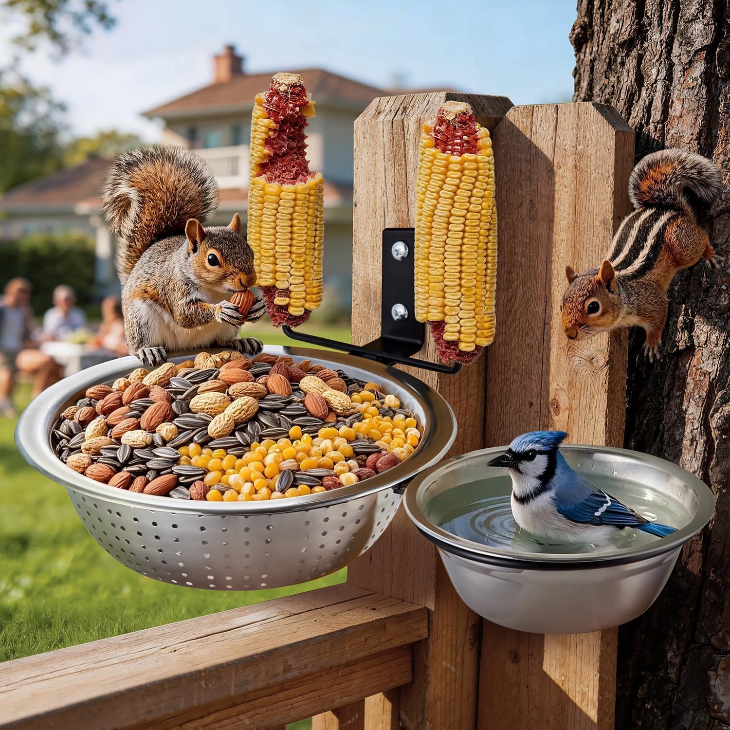 2 Bowls Squirrel Food&Water Feeder, Metal Chew-proof Squirrel Feeders for Outside, Picnic Table with 2 Corn Cob Holders - Removable Smart Drainage 304 Bowl+Bird Water Bowl&Seed Tray-Tree Mounted