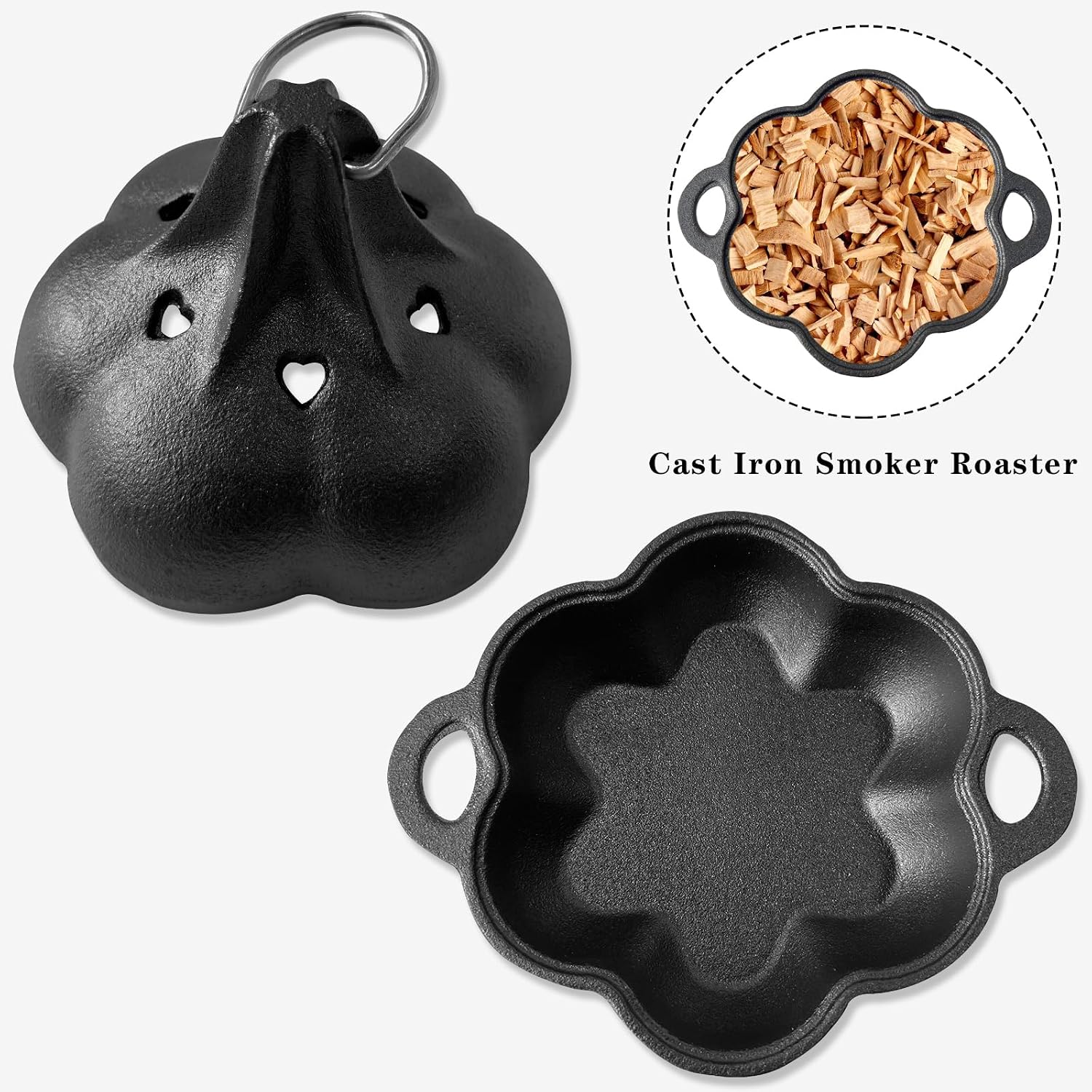 Pre-Seasoned Cast Iron Smoker & Garlic Roaster with Airflow Lid | Wood Chip Smoker Box for BBQ, Oven, Smoky Vegetables & Meats, Grill Smoker Boxes