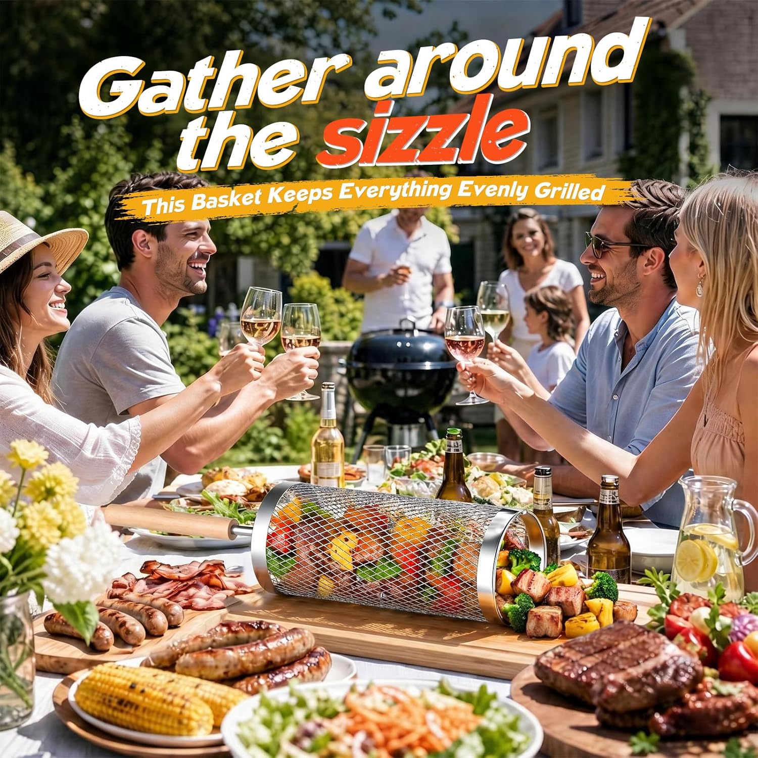 Rolling Grill Basket 2-Pack,304 Stainless Steel Grill Basket with Removable Wooden Handle,BBQ Tool & Smoker Accessory for Grill Rotisseries Veg & Shrimp,Ideal for Outdoor Cooking,Camping & Gifts for Dad/Husband/Men