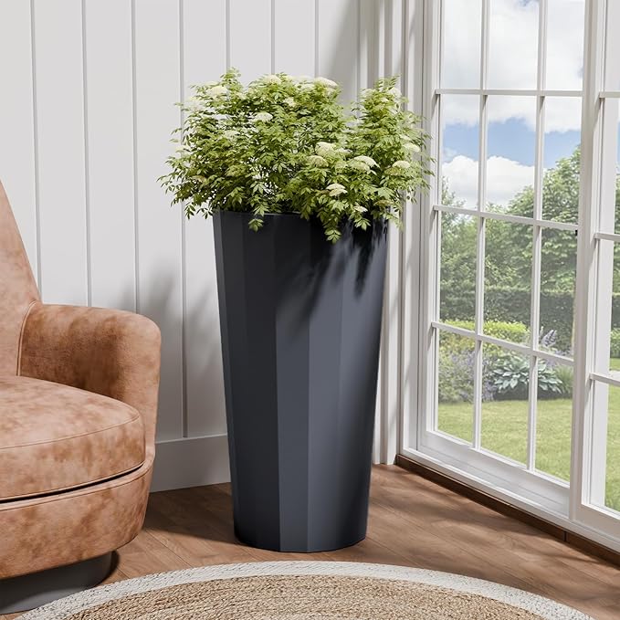 23.6" Tall Outdoor Planters Set of 2, Large Planters for Outdoor Plants for Porch Decor with Drainage Hole, Wide Stripe Design Porch Flower Pots for Indoor Pot Patio/Garden, Gray Blue