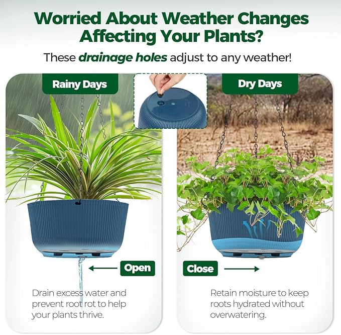 T4U 12 Inch Large Hanging Planters for Outdoor Plants, 2 Pack Self Watering Pots Indoor, Hanging Baskets for Plants,Hanging Flower Pot with Drainage Hole and Plant Hanger, Blue