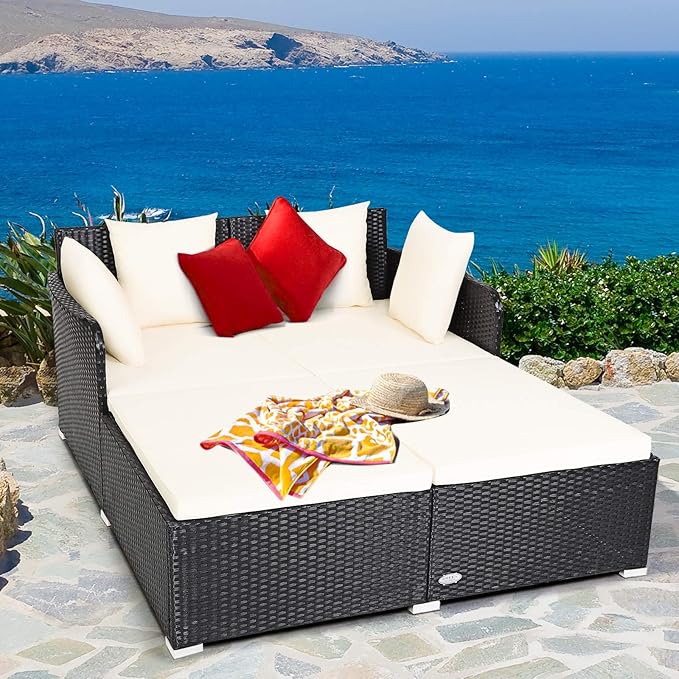 COSTWAY Outdoor Patio Rattan Daybed, Sponge Cushioned Loveseat Sofa with 4 Pillows, Wicker Furniture Sunbed for Balcony, Courtyard (Beige)