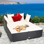 COSTWAY Outdoor Patio Rattan Daybed, Sponge Cushioned Loveseat Sofa with 4 Pillows, Wicker Furniture Sunbed for Balcony, Courtyard (Beige)