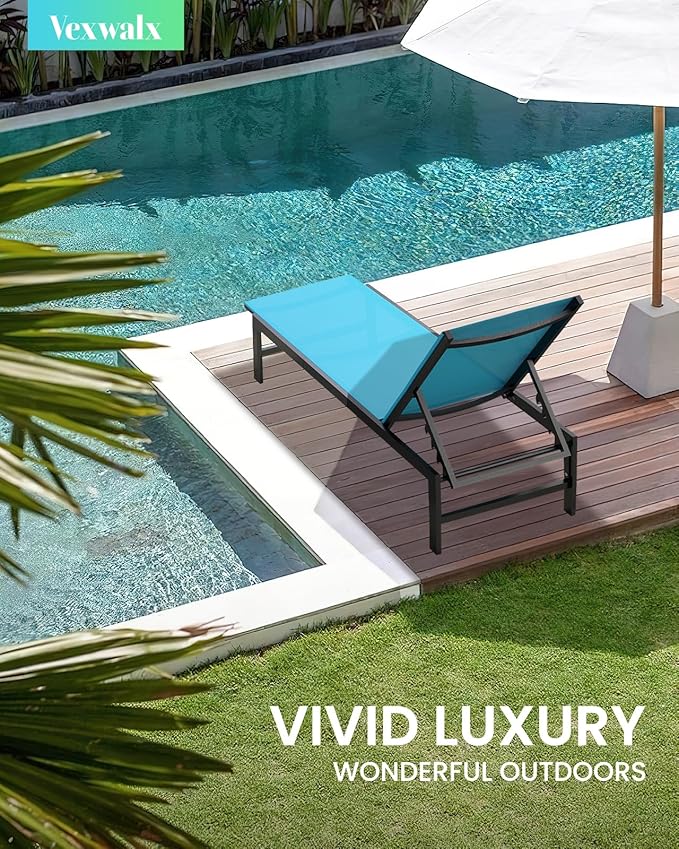 Outdoor Lounge Chairs Set of 2, Aluminum Patio Chaise Lounge Chairs with 5-Position Recliner, Pool Lounge Chairs for Backyard, Poolside, Deck, Lawn (Lakeblue)