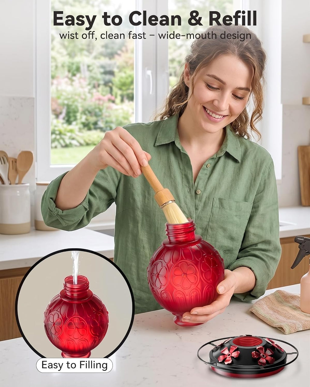 26Oz Hummingbird Feeder for Outdoors, Vintage Glass Bird Feeder with Perch, Durable & Easy to Clean, Hanging Nectar Feeder for Garden, Yard, Deck – Gift for Bird Lovers (Red)
