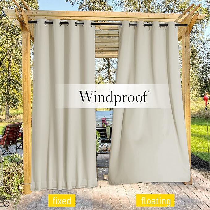 NICETOWN 2 Panels Waterproof Outdoor Curtains Fixed Grommet & Back Tab on Top & Bottom, Thermal Insulated Keep Rain & Sun Out Privacy Windproof Outdoor Draperies with Rope, W52 x L72, Beige