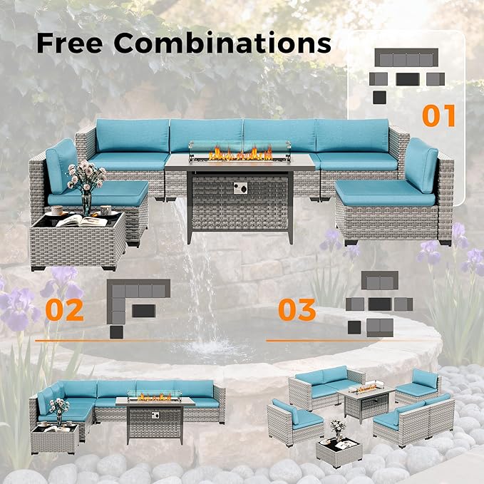 6-Seat Modern Outdoor Wicker Rattan Patio Furniture Set with 55,000 BTU Fire Pit Table, Thick 4″ Cushions, All-Weather Dual-Strand Rattan, Rust-Resistant Steel Frame,Blue