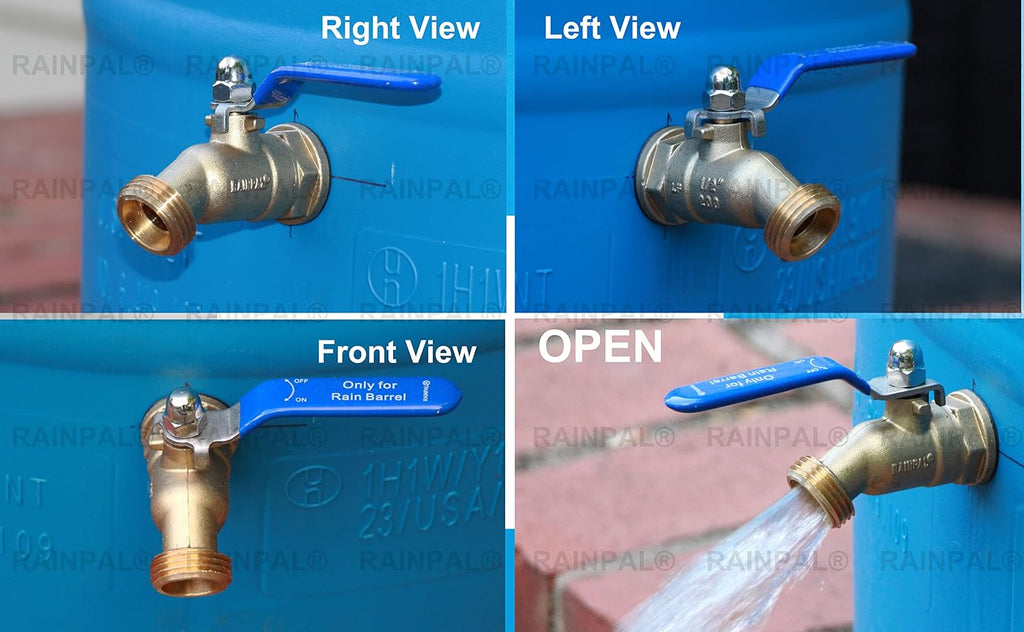 RBS008T LF Brass Rain Barrel Spigot (½” NPS, Full Port, LF Compliant, Quarter Turn Ball Valve With Plastic Wrench/Nut Holder, and Option to Install on Closed Top Barrel with Bung Hole)