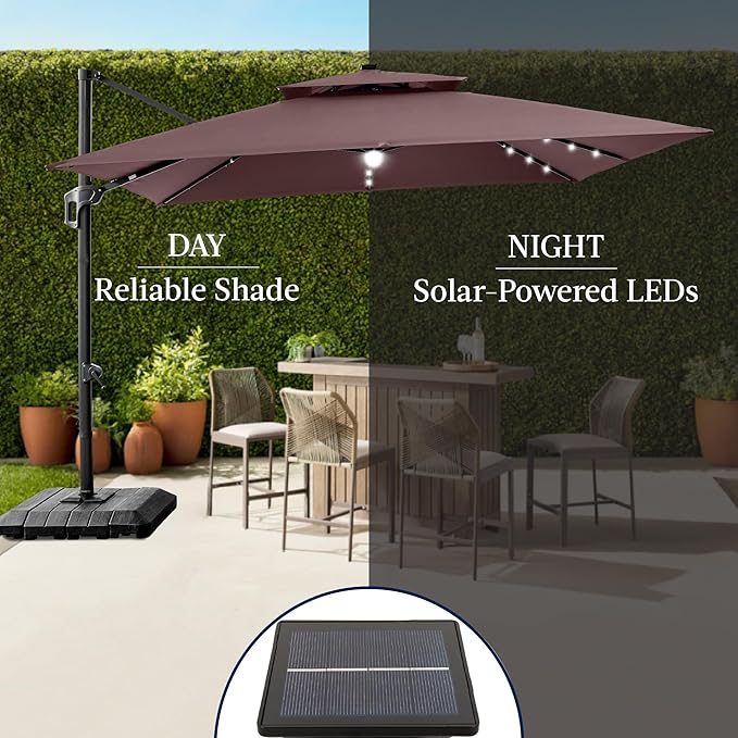 Best Choice Products 12x12ft LED Cantilever Patio Umbrella w/Base Included & 360° Rotation, Large Solar Offset Hanging Outdoor Sun Shade for Deck, Backyard Table w/Stand & Lights – Deep Taupe