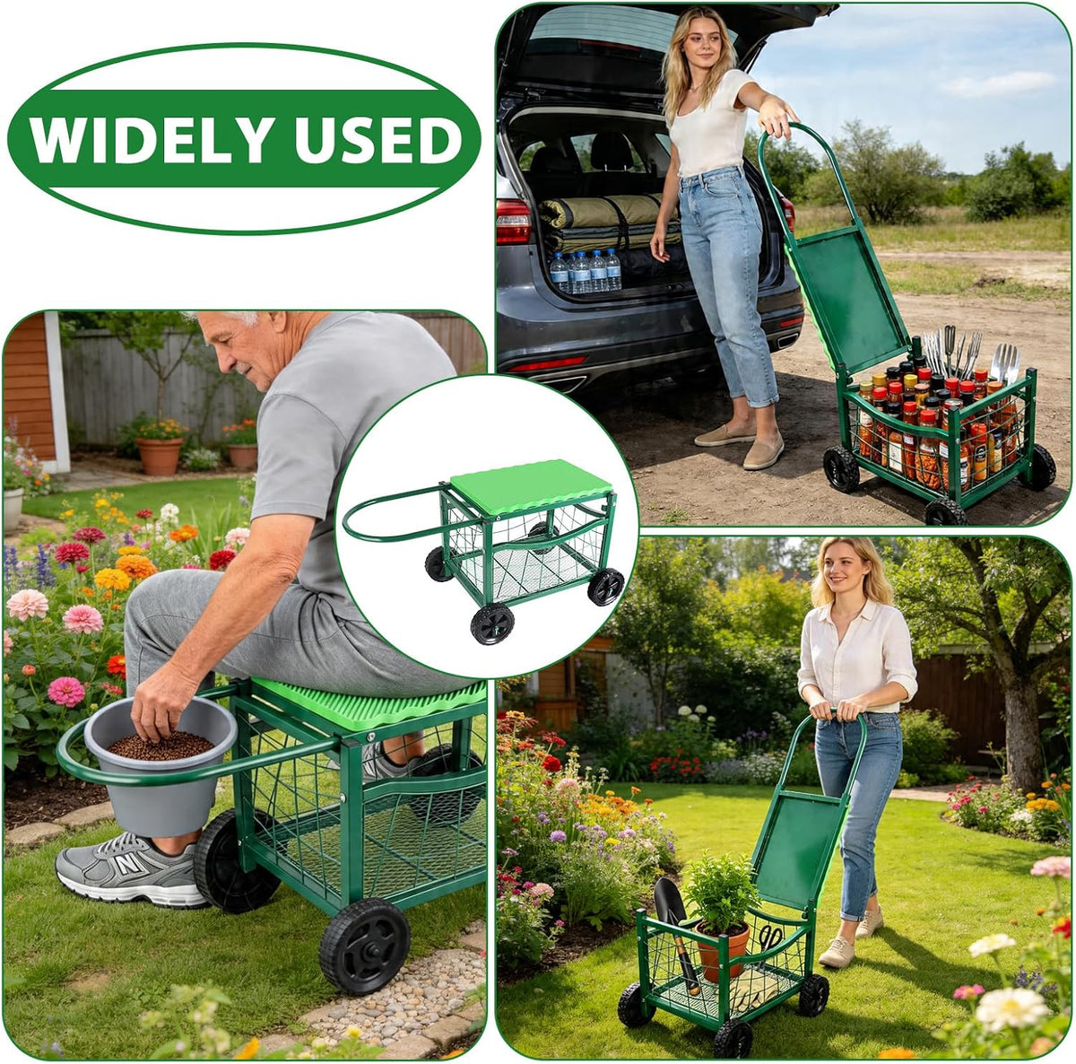 garden work chair with wheels, heavy-duty gardening cart on a desk or shelf