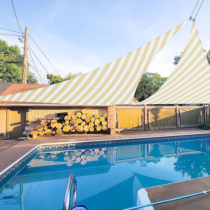 E&K Sunrise 24' x 24' x 24' Sun Shade Sail Triangle Canopy Shade Cover UV Block for Patio Backyard Garden Outdoor (Beige White Strip)