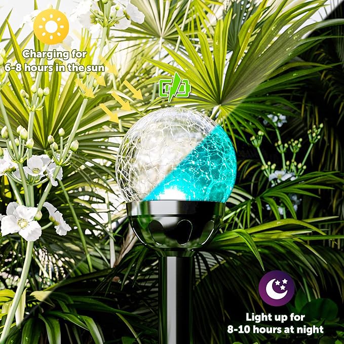 GIGALUMI Solar Outdoor, Cracked Glass Ball Solar Garden Lights, Color Changing Lights Outdoor,Garden LED for Path, Patio, Yard, 6 Pack Pathway