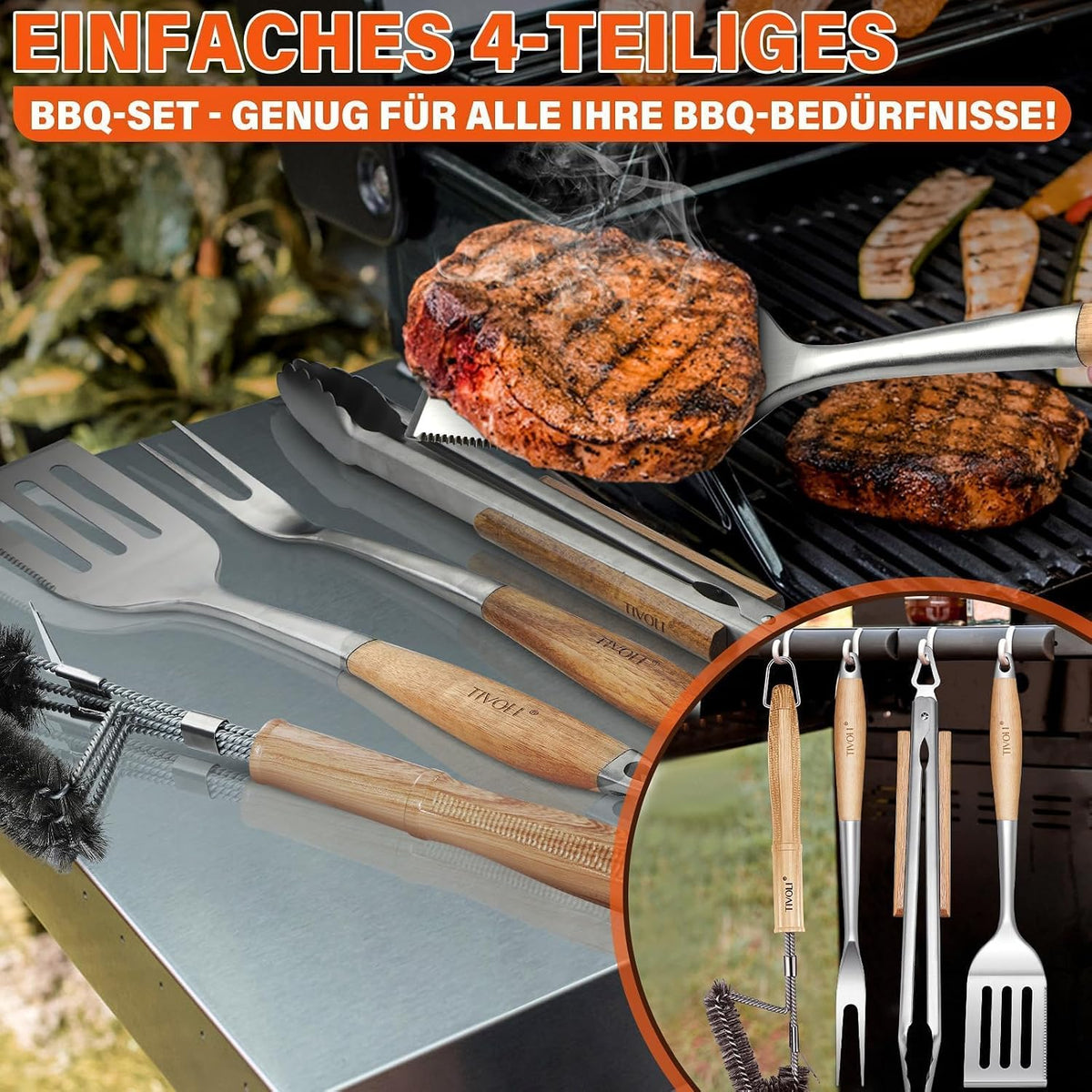 tivoli 4pcs grilling accessories set - heavy duty showing dimensions