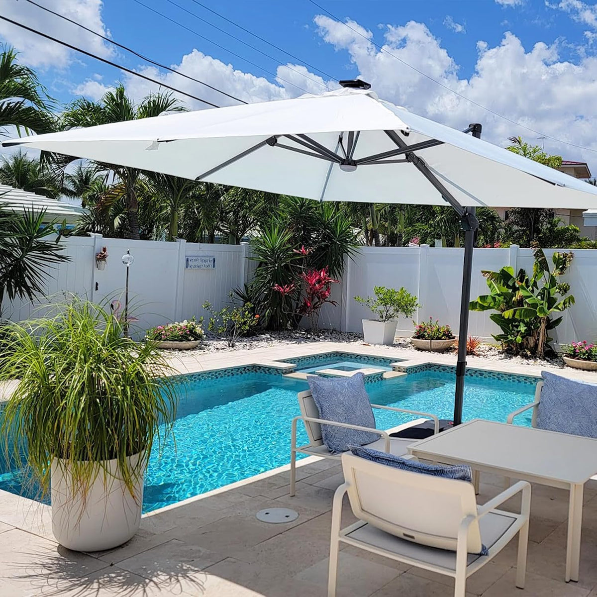 purple leaf cantilever patio umbrella 10' x 10', close-up detail