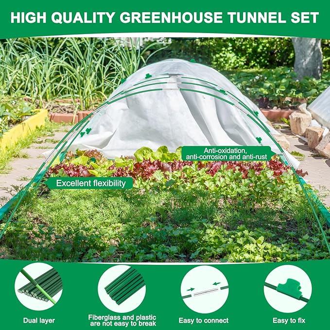 Greenhouse Hoops Grow Tunnel, 10 Sets of 8FT Long Garden Hoops for Raised Beds, Rust-Free Fiberglass Support Hoops Frame for Garden Netting, DIY Plant Support Garden Stakes for Row Cover, 60 Pcs